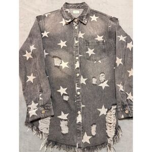 Blue Buttercup Womens‎ Distressed Gray Star Denim Button Up Shirt Grunge